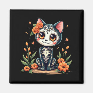 Imã Gato de Crânio de Açúcar Colorido Halloween Mexica