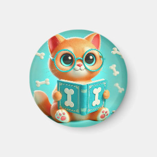 Imã Gato de desenho animado adorável lendo um livro