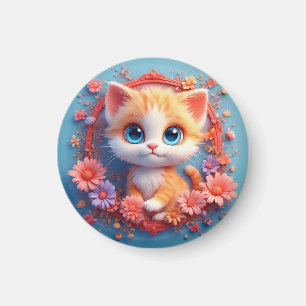 Imã Gato de Desenho Animado Adorável Rodeado por Flor