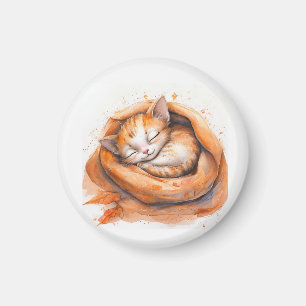 Imã Gato De Dormir Com Aquarela, Arte De Outono Louca