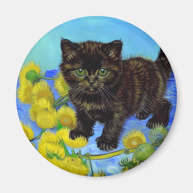 Imã Gato de estilo Van Gogh com Sunflower (Frente)