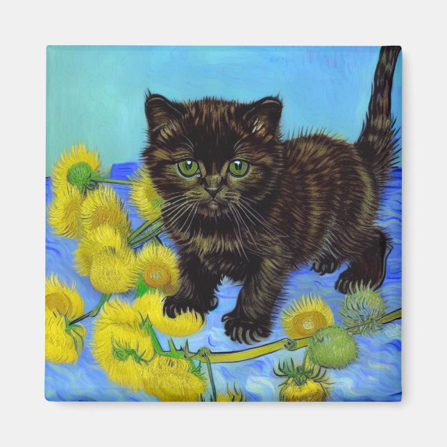 Imã Gato de estilo Van Gogh com Sunflower (Frente)