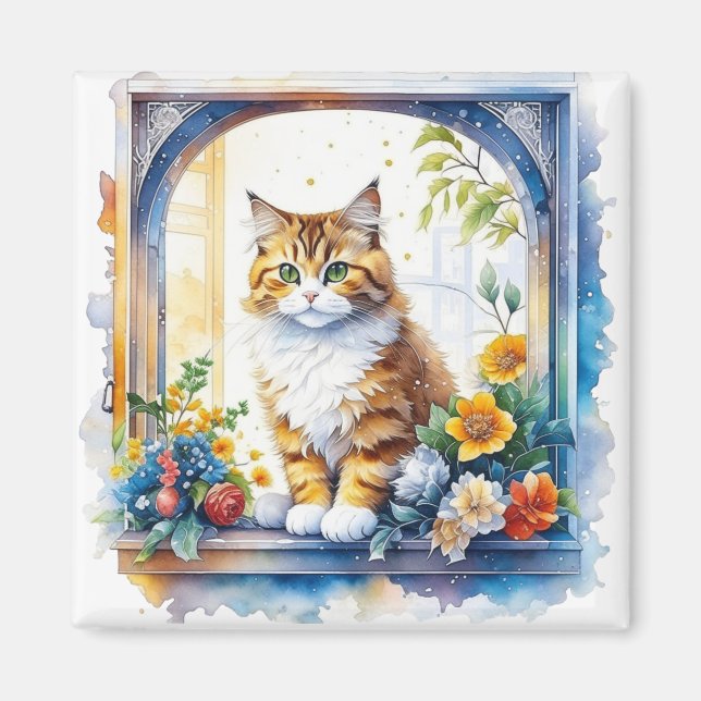Imã Gato de Gato na Janela das Flores Personalizadas (Frente)