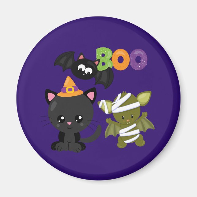 Imã Gato de Halloween, Bat e Mummy Boo (Frente)