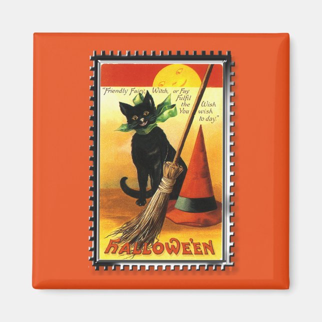 Imã Gato de Halloween Sentado Chapéu de Bruxas (Frente)