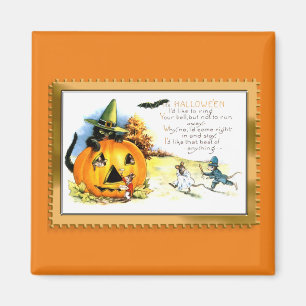Imã Gato de Halloween Sentado na Jack O Lantern