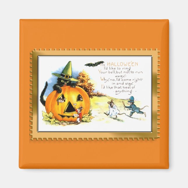 Imã Gato de Halloween Sentado no Jack O Lantern (Frente)