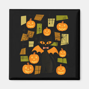 Imã Gato de Halloween Vintage Abóbora Assustador Preto