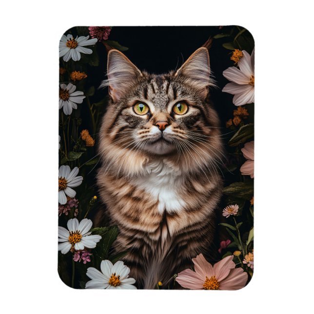 Ímã Gato de Maine Coon cercado por Flores Flexíveis (Vertical)