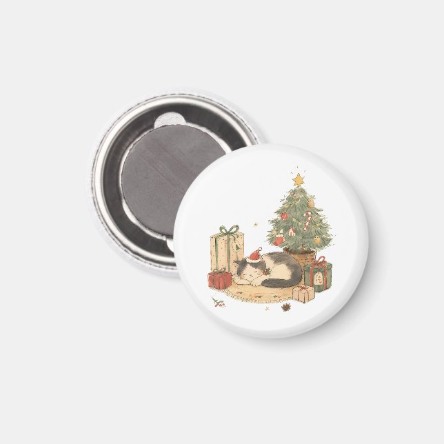 Imã Gato de Natal Aconchegante com Presentes e Árvore  (Front/Back)