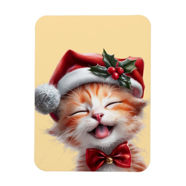Ímã Gato de Natal bonito com Chapéu Santa e Arco (Vertical)