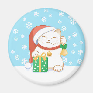 Imã Gato de Natal Branco num Chapéu Vermelho