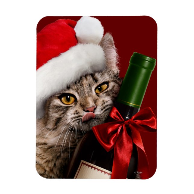 Ímã Gato De Natal Com Garrafa De Vinho (Vertical)