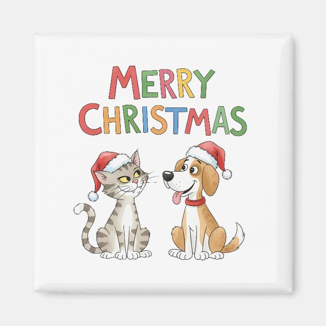 Imã Gato de Natal e Cachorro Bonitos com Chapéus Santa (Frente)