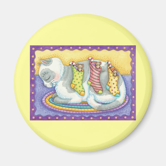 Imã Gato de Natal Fofo Dormindo com Ratos em Meias (Frente)