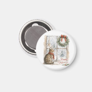 Imã Gato de Natal na Janela com Coroa
