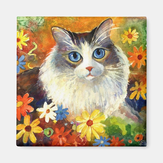 Imã Gato de Ragdolas Bonito com flores (Frente)