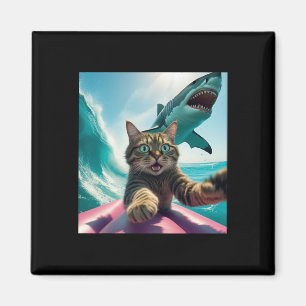 Imã Gato Divertido Surfando Selfie Com Tubarão Meme _1