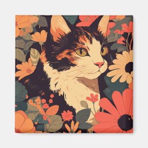 Imã Gato do Calico Elegante no Jardim Floral