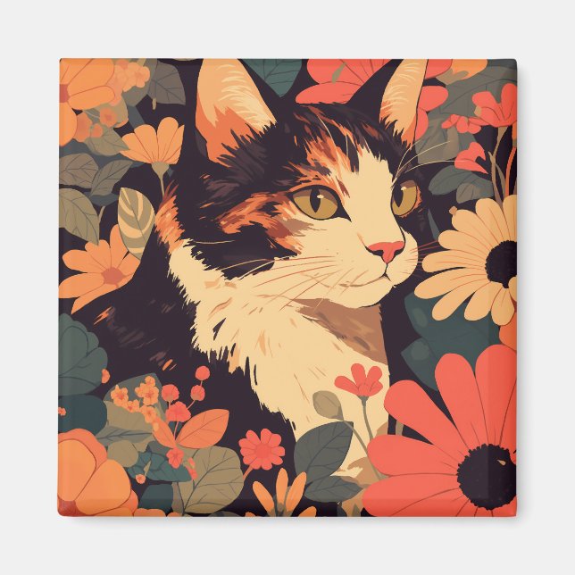 Imã Gato do Calico Elegante no Jardim Floral (Frente)