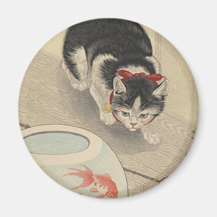Imã Gato e bacia de peixe dourado por Ohara Koson