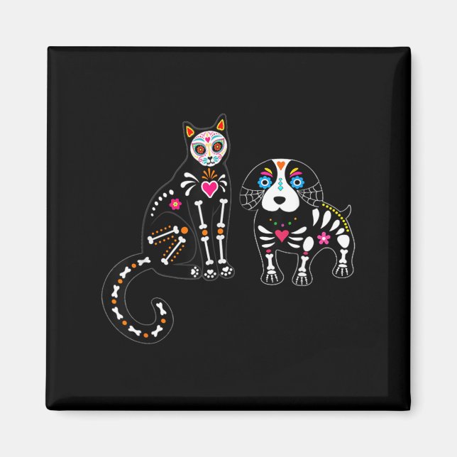 Imã Gato e Cachorro Caveira de Açúcar Funny Halloween (Frente)