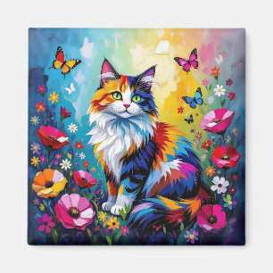 Imã Gato e Flores Coloridos e com Impasto Bonito