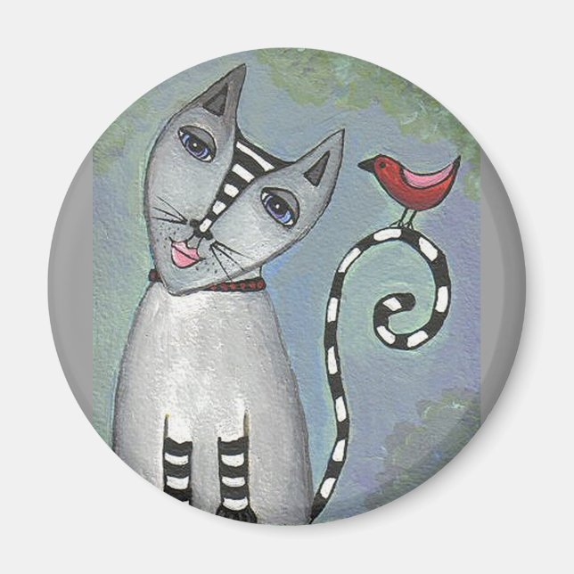 Imã Gato e Pássaro Vermelho - ímã (Frente)