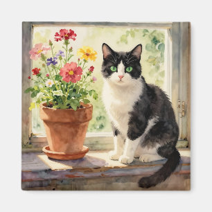 Imã Gato em aquarela e flores no parapeito da janela