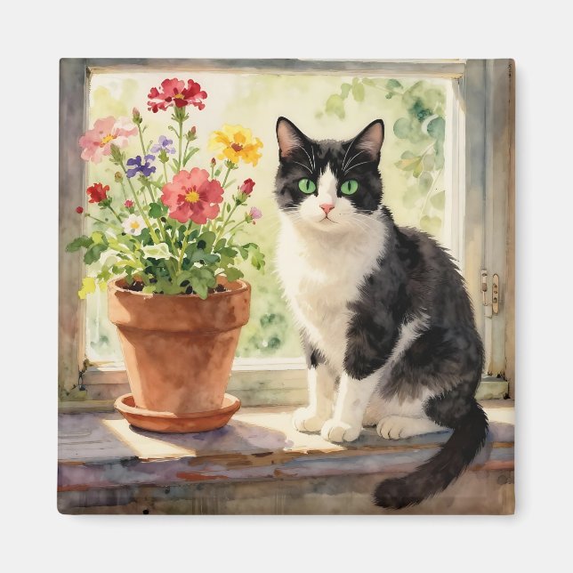 Imã Gato em aquarela e flores no parapeito da janela (Frente)