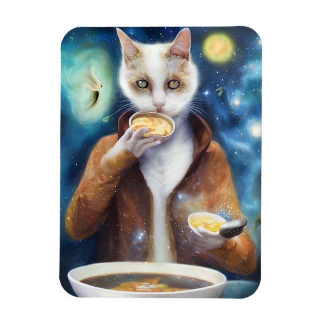 Ímã Gato em macacão comendo sopa AI gerou arte (Vertical)