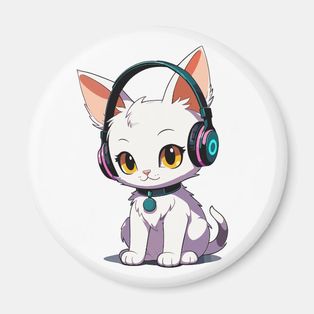 Imã Gato Estiloso Usando Fones de Ouvido (Frente)