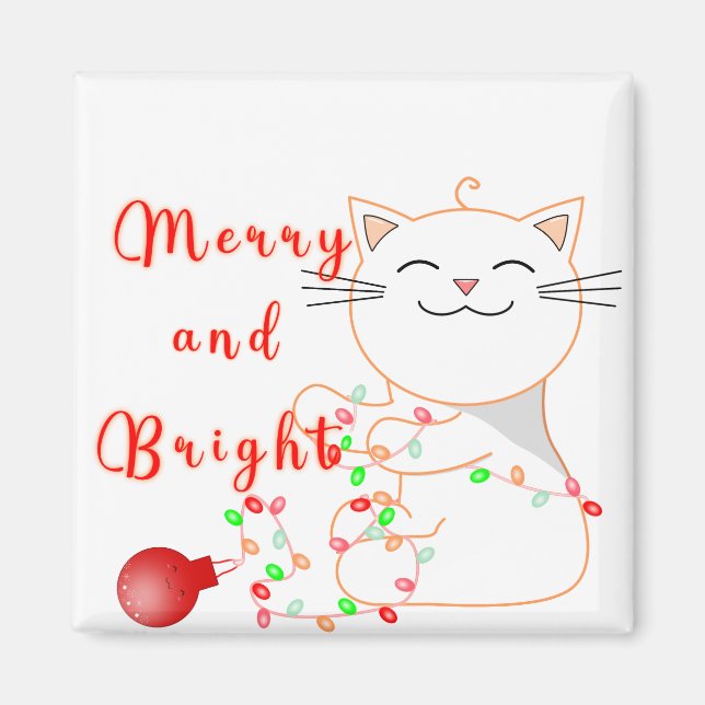 Imã Gato Feliz Brincando Com Luz de LED | Natal Fofo  (Frente)