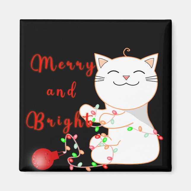 Imã Gato Feliz Brincando Com Luz de LED | Natal Fofo  (Frente)