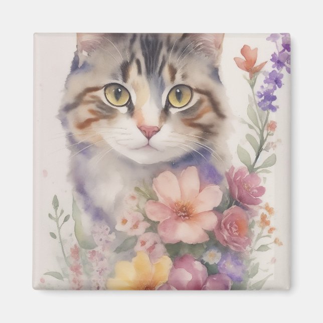 Imã Gato Floral em Aquarela Fofa (Frente)