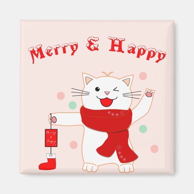 Imã Gato Fofo Alegre & Feliz | Ímã de Natal Fofo (Frente)