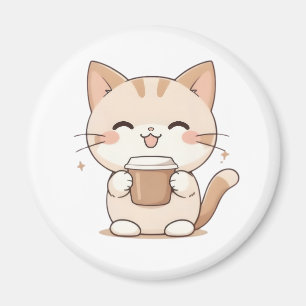 Imã Gato Fofo Bebendo Café Design Kawaii