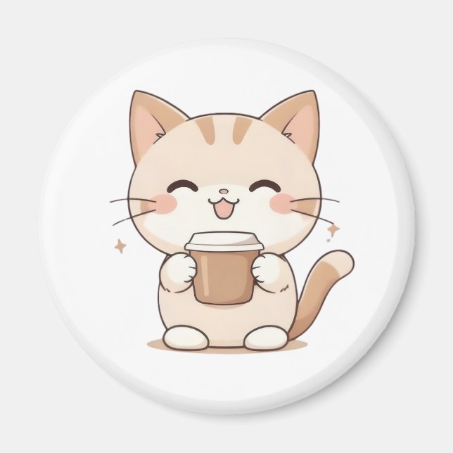 Imã Gato Fofo Bebendo Café Design Kawaii (Frente)