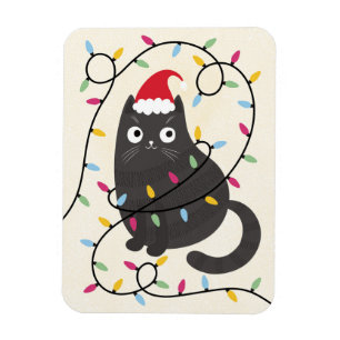 Ímã Gato fofo com chapéu de Papai Noel e luzes de Nata
