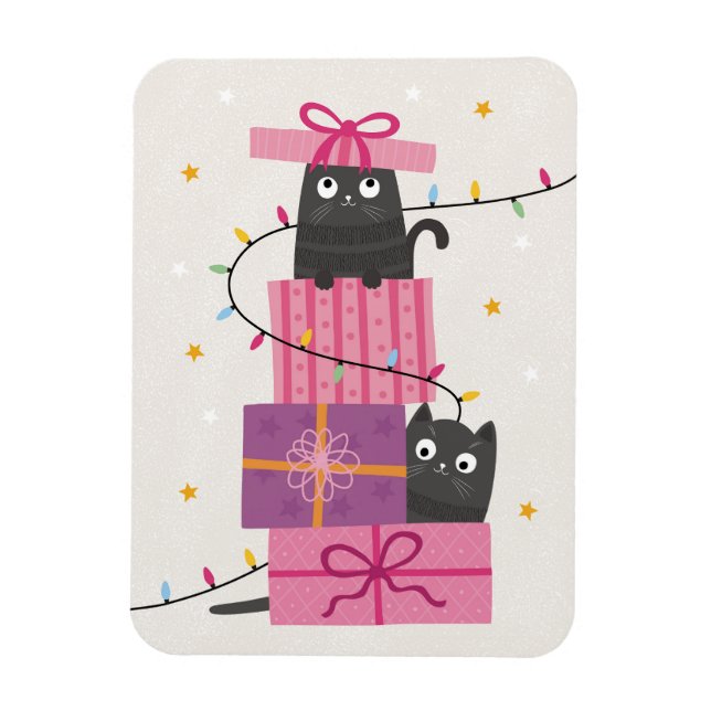 Ímã Gato fofo com luzes e presentes de Natal (Vertical)