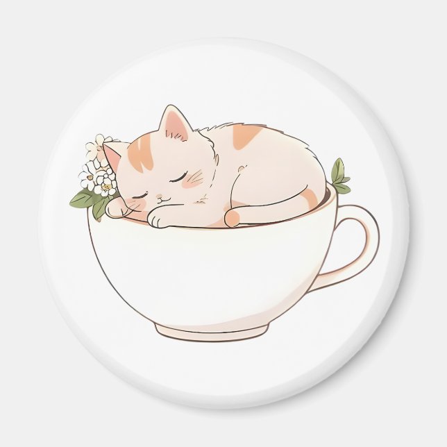 Imã Gato Fofo Dormindo em Xícara de Chá Design Kawaii (Frente)