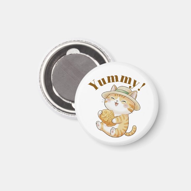 Imã Gato Ginger Kawaii com Ímã de Peixe Taiyaki (Front/Back)