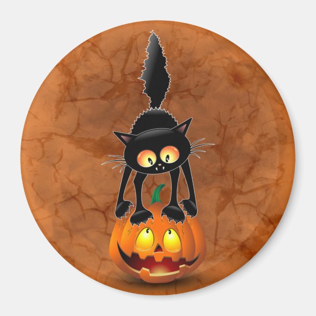 Imã Gato Halloween Caricatura Assustada na Pumpkin (Frente)