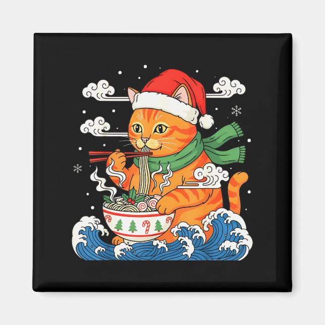 Imã Gato japonês engraçado de Natal comendo ramen  (Frente)