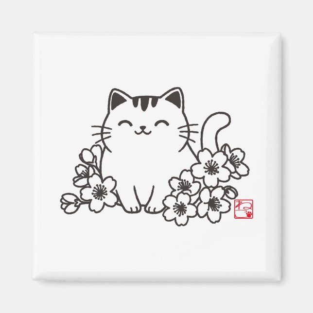 Imã Gato Japonês Fofo e Sakura com Carimbo "Neko" (Frente)