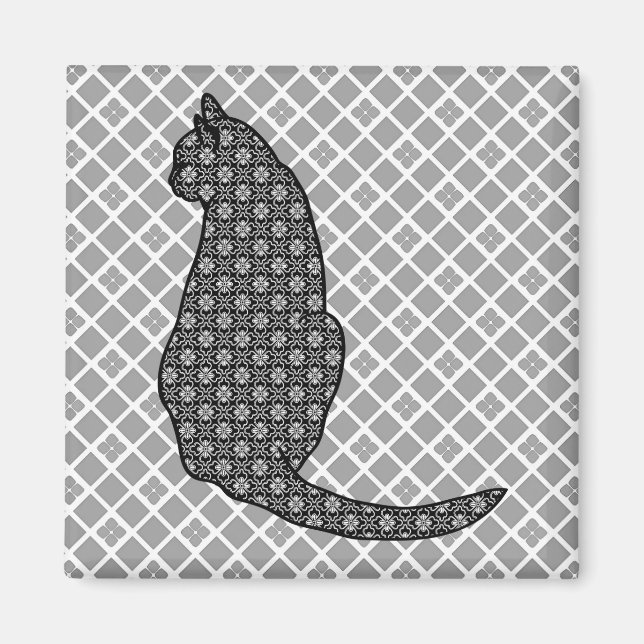 Imã Gato Japonês - Impressão Kimono preto e branco (Frente)