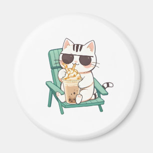 Imã Gato Kawaii Chibi de Óculos de Sol Bebendo Frappè