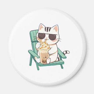 Imã Gato Kawaii Chibi de Óculos de Sol Bebendo Frappè