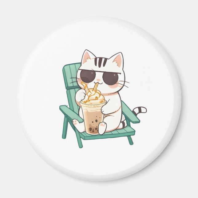 Imã Gato Kawaii Chibi de Óculos de Sol Bebendo Frappè (Frente)