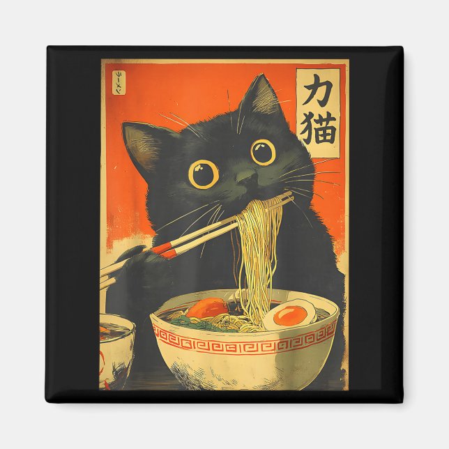 Imã Gato Kawaii Comendo Macarrão Ramen Presente Divert (Frente)
